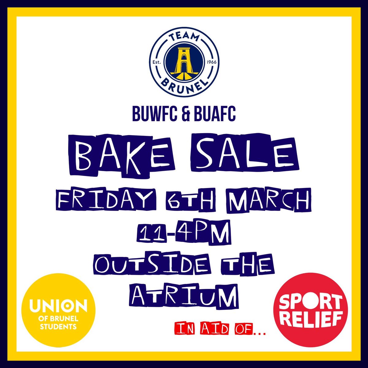 BAKE SALE!!! TODAY!!! OUTSIDE THE ATRIUM 11-4!!! LOTS OF HOMEMADE CAKES TO BE EATEN, ALL IN AIF OF SPORTS RELIEF 💛🧁🍰💙