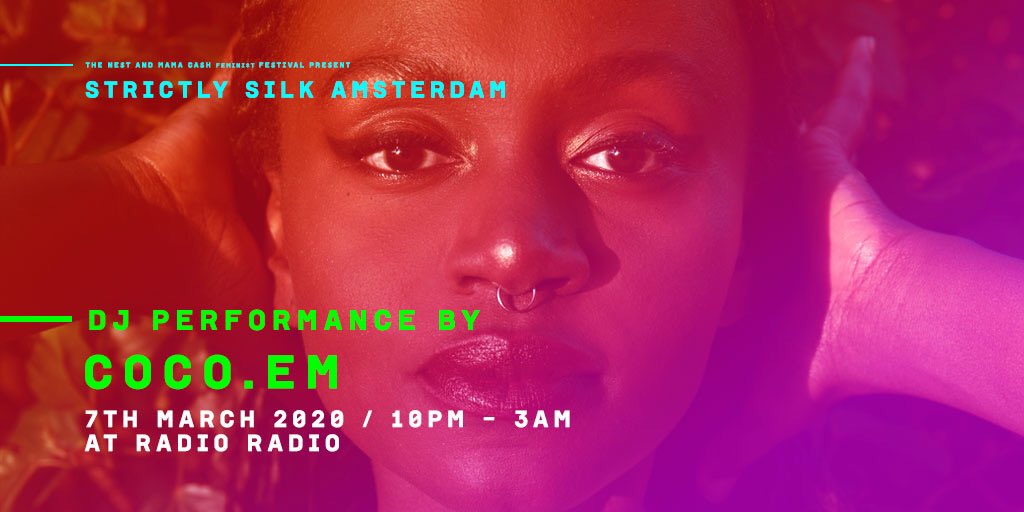 strictly_silk's tweet photo. Coco.Em plays a wide variety of genres: Afro house, Kuduro, Kwaito, Lingala and EDM. Her eclectic sets have earned her performances at Boiler Room, Glastonbury, NyegeNyege, AfroPunk &amp; Trans Musicales festival! Catch her before her Summer European tour at #SS05 #StrictlySilkAms https://t.co/wHniWQWLBn