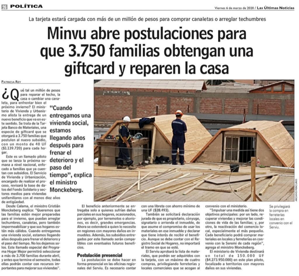 #MinvuEnLaPrensa 🗞️¡Gran noticia en <a href="/lun/">Las Últimas Noticias</a> ! En abril tendremos postulación piloto del programa #HogarMejor en el que 3.750 familias obtendrán una Tarjeta Banco de Materiales -similar a una giftcard- para reparar su vivienda 🏠 

➡️Lee la nota completa aquí bit.ly/3cDdqwk