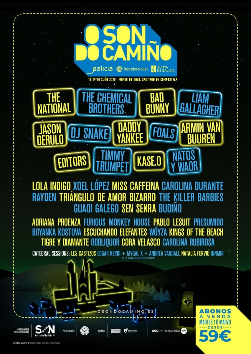 TurismoGalicia1's tweet photo. 📢@OSonDoCamino 🎵

@jasonderulo
@daddy_yankee
@sanbenito
@ChemBros
@arminvanbuuren
@djsnake
@foals 
@TimmyTrumpet
@liamgallagher

18, 19 y 20 de xuño
O Monte do Gozo, #OSonDoCamiño

Abonos desde el 10 de marzo a 14:00H. 
+ info : https://t.co/CeiAncrox9

https://t.co/vuXOENXHOP https://t.co/NacDjD0tf7