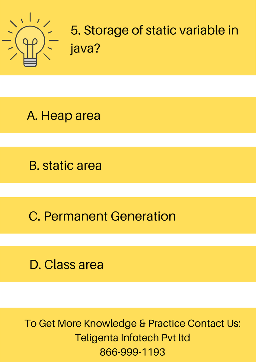teligentaInfo's tweet photo. Que. Storage of static variable in java?

#questionandanswer #questionoftheday #questionofjava #java #servlet #hibernate #mvc #spring #springboot #webservices #staticvariable #mcq #teligentainfotech #answer #pune #Maharashtra https://t.co/VPFMcM85yB