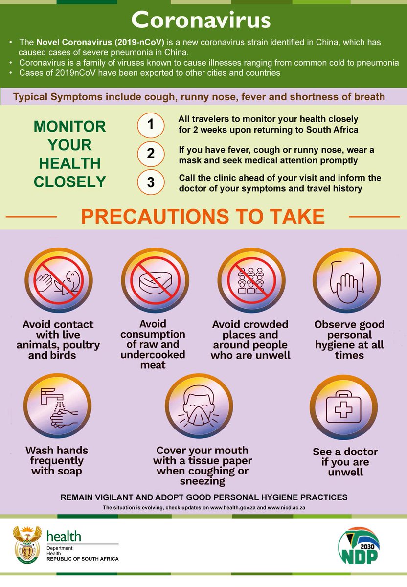 Top tips for preventing the #coronavirus. Be smart, take the necessary precaution and inform yourself about #CoronavirusInSA #COVID19