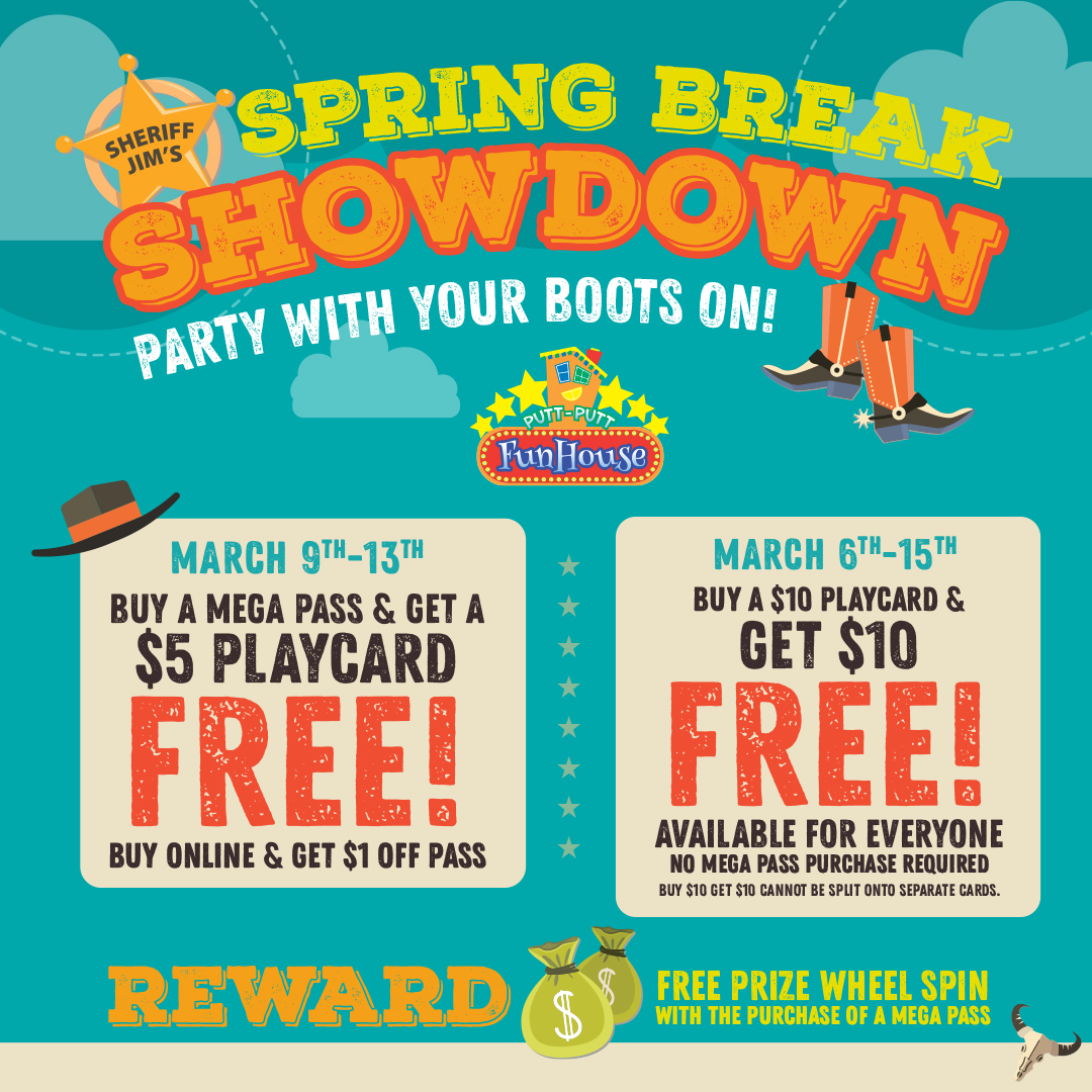 websterputtputt's tweet photo. Spring Break Showdown is officially here! Party with your boots on and join us for loads of spring time fun now through March 15th! https://t.co/kk2gANSMtS https://t.co/Lj7plVq2XW