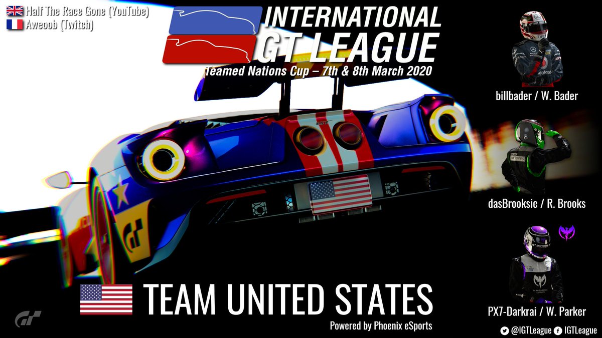 IGTLeague's tweet photo. The last one! #TeamUnitedStates finally enter the #IGTLNations, closing the registrations for this weekend!
With @PhoenixCooper2k, W. Bader (billbader) and R. Brooks (dasBrooksie), the Stars and Stripes will be at home on the fictional American track, driving the latest Ford GT! https://t.co/NuO5FFSz2y