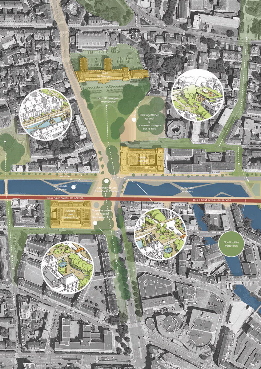 L'embelli du Musée des Beaux-Arts, 

👉 Faire des Quais Zola et Chateaubriand des passerelles de déambulation
👉 Créer un grand jardin urbain
👉 Élargir le pont Pasteur, nouvelle place ouverte à la promenade
👉 Surélever Parking Kléber, en faire une colline verte 🌳
