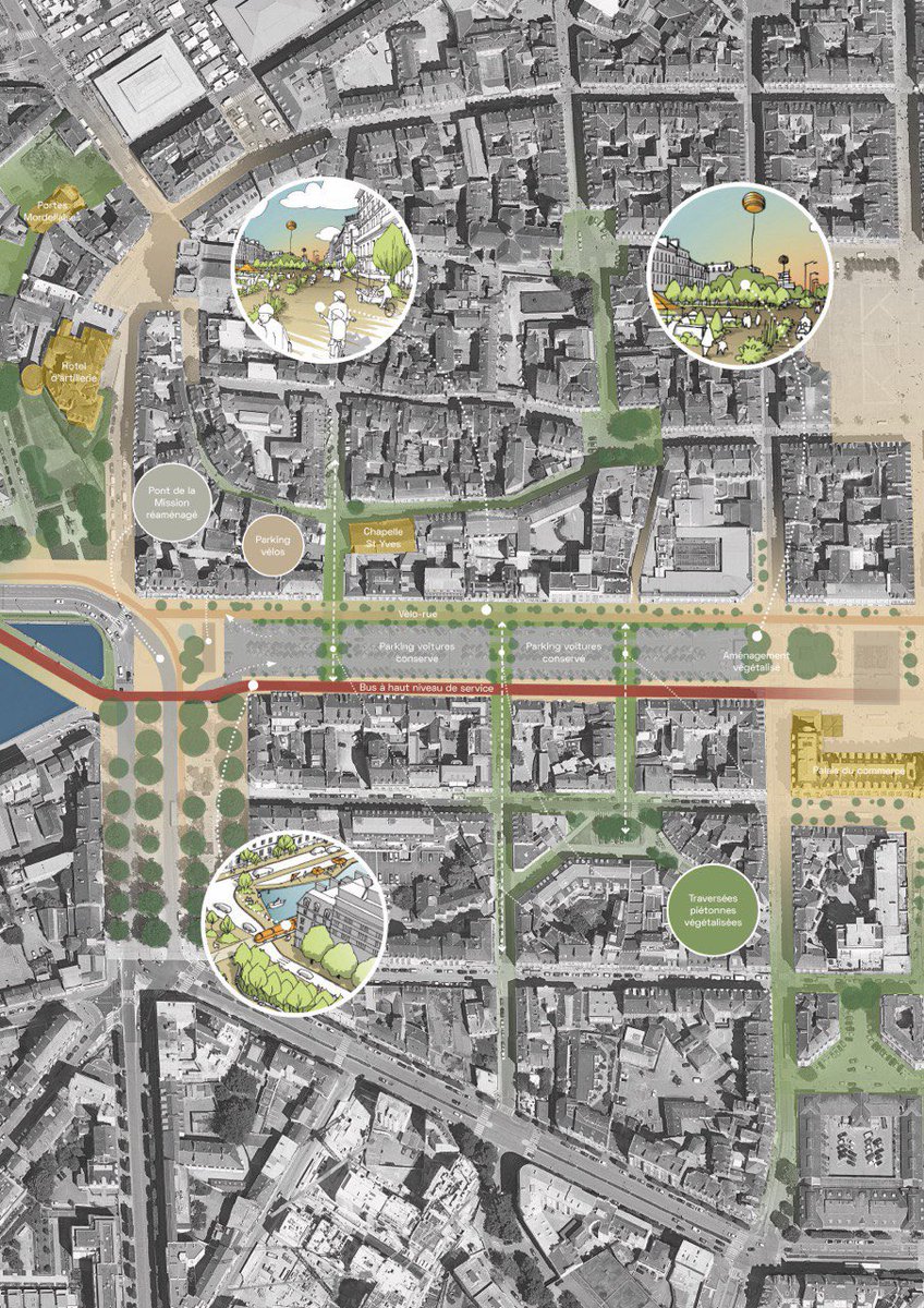 Autour du parking Vilaine, conservé et embelli:

👉 Place aux piétons et modes de déplacement doux ! 
👉 Mise en valeur de la fontaine
👉 Parking vélo sécurisé de 200 places y compris pour les vélos cargos 🚲
👉 Vélo-rue sur le Quai Duguay Trouin