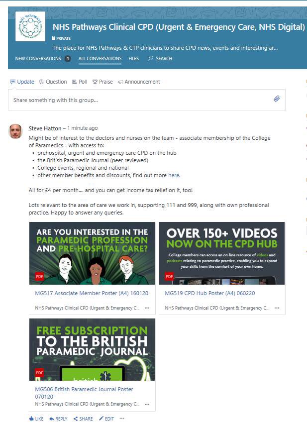 digitalparamed's tweet photo. Digital liaison for @ParamedicsUK:
When your #NHSPathways team is national and multi professional; using @Yammer virtual notice boards to spread the word; sharing access to #CPD. #DevelopingTheProfession
#UrgentCare #EmergencyCare https://t.co/9jFeuqbvul