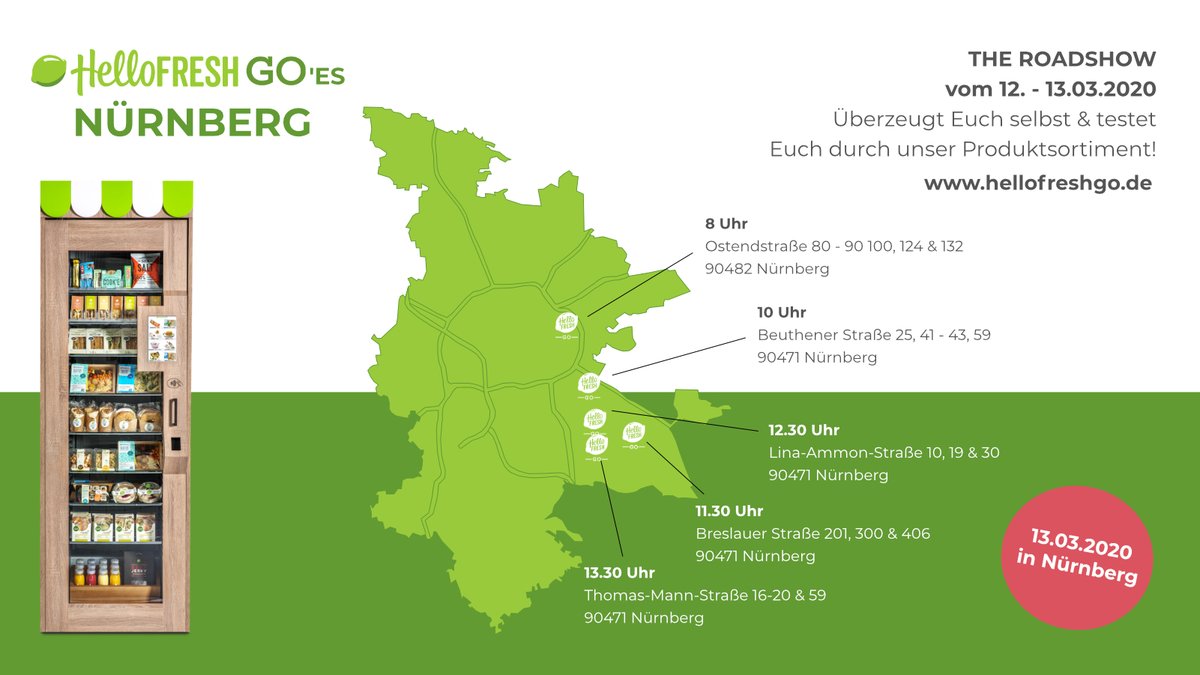 HelloFreshGO's tweet photo. HelloFreshGO 💚Nürnberg! Besucht unsere Road Show nächste Woche & probiert Euch kostenlos durch unser Sortiment. 🌯🥗🥪
HelloFreshGO 💚#nürnberg! Visit our road show next week and experience what #hellofreshgo tastes like. https://t.co/nj34vSg1qp