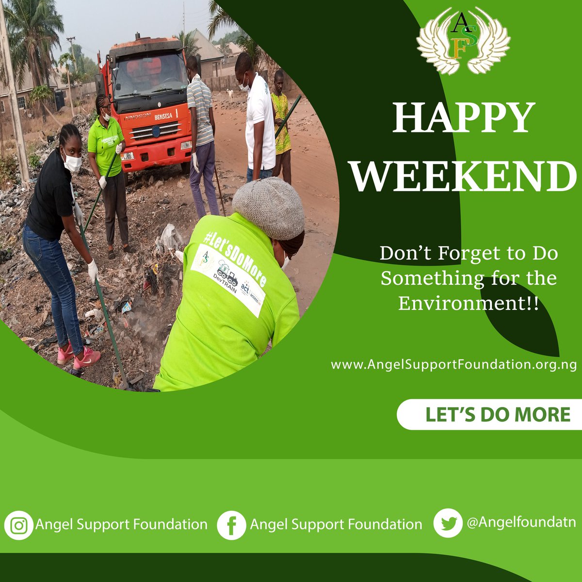Angelfoundatn's tweet photo. #Friyay π
Happy Weekend to you all, don't forget to do something for the environment β»οΈ
#StayClean #stayhealthy
#ASF #GivingHope #environment #CLCAP @DevTrainNg
Financial & Technical Support from @ACTFoundation_ https://t.co/8Blxmx4k90