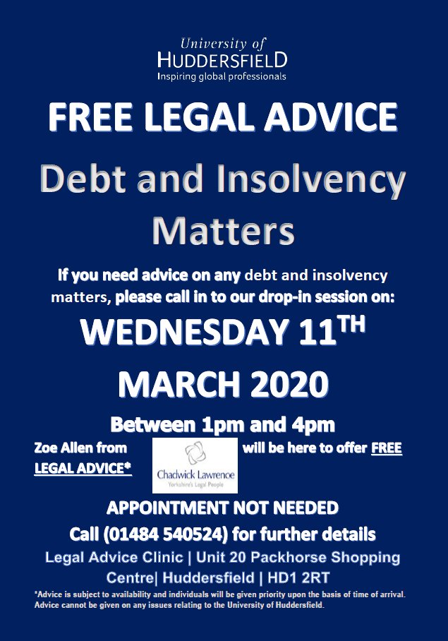 Debt and Insolvency Matters Drop-in. FREE legal advice on any debt and insolvency matters on Wednesday 11th March between 1.00pm-4.00pm.  Zoe Allen from Chadwick Lawrence will be here to answer all your questions. Appointments not needed, call in to see us at the Legal Advice