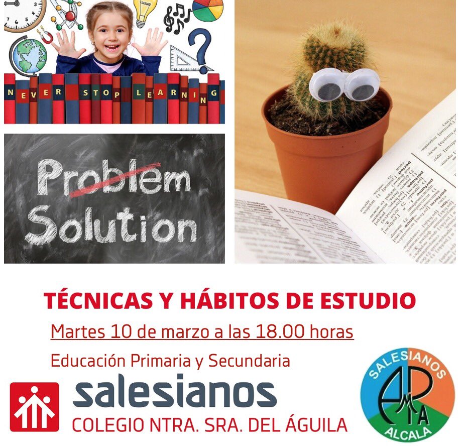 #Formación I #EscuelaDePadres I Taller para familias de Educación Infantil,  Primaria y Secundaria. Os esperamos. 

📮"Técnicas y hábitos de estudio: primeros pasos, gestión del tiempo y organización" 

⏰ Martes 10 de marzo I 18:00 horas I Teatro del Colegio