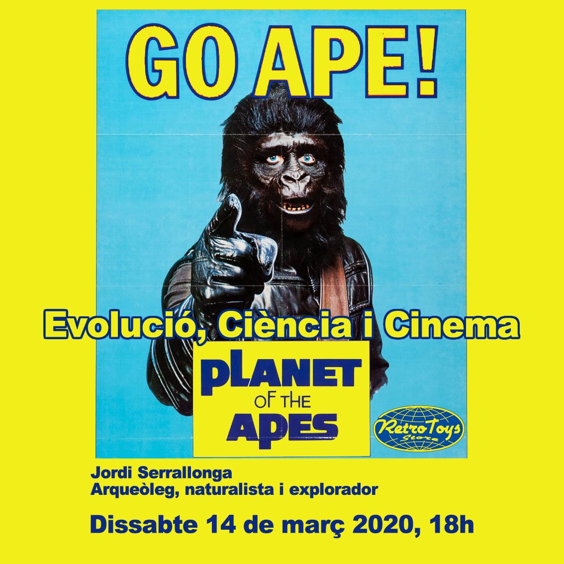 SerrallongaJ's tweet photo. Dissabte 14/03(18h)a #RetroToysStore (@Encantsnouseix C/València #Barcelona)parlo sobre #Evolució #Ciència i #Cinema amb #PlanetOfTheApes(1968).#Primats.Per cortesia del @museuciencies 30 descomptes per visitar expo #MicosMCNB i el museu.Zaius vs #Darwin? https://t.co/rOBcyNoyOf