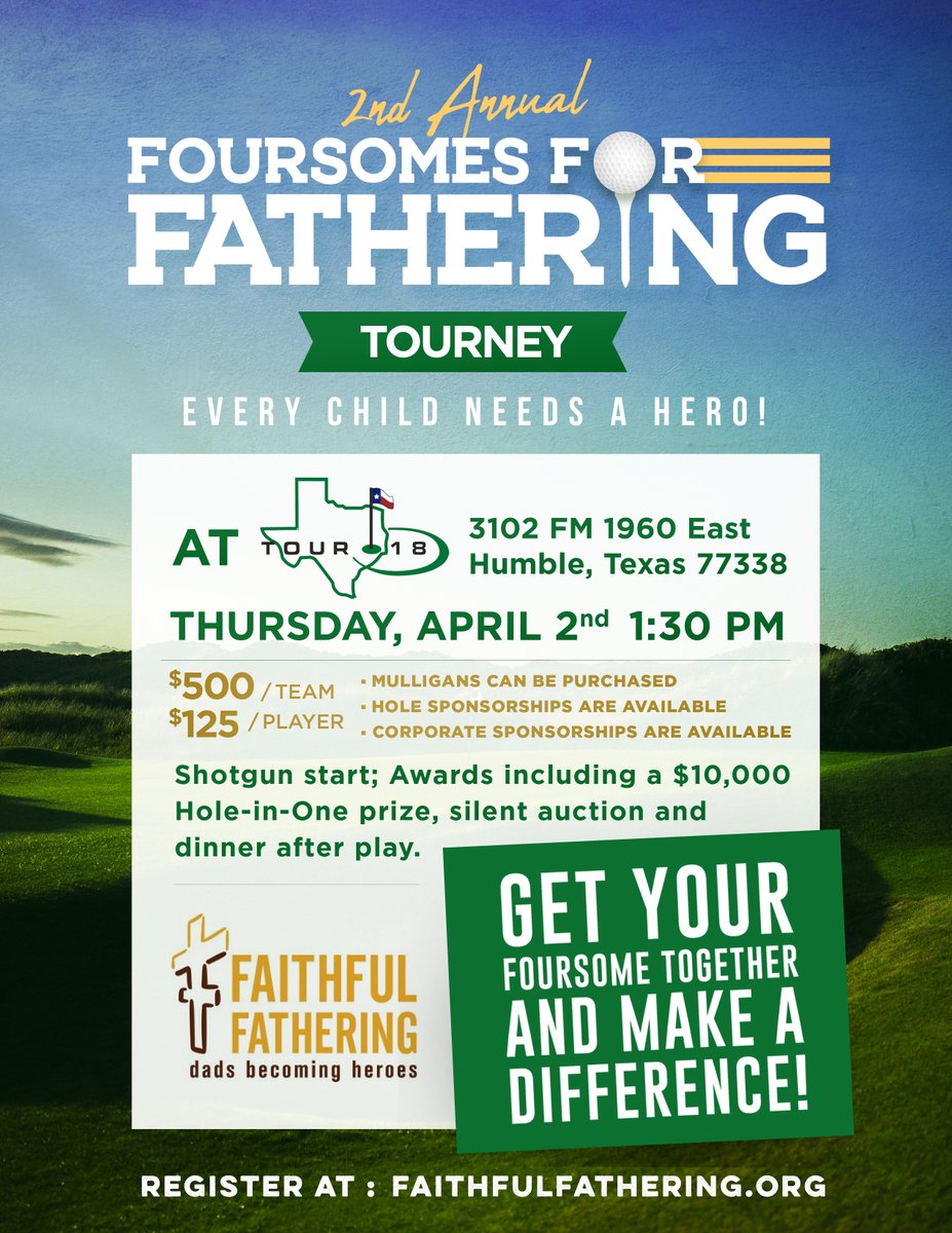 FaithfulFathers's tweet photo. Have you signed up for our 2nd annual Foursome for Fathering??? Sign up now at https://t.co/yvDVsakz2R.

#FaithfulFathering #FamilyValues #Wisdom #AttaDad #MensMinistry #Church #Christian #Men https://t.co/oujgG6p22V