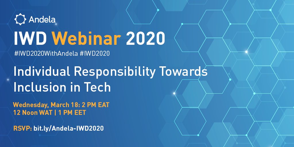 This year's #IWD2020 theme #EachForEqual reminds us that we have a role to play in creating an equal world.

Join us on March 18, 2pm EAT, 1pm EET, 12 Noon WAT as we discuss "Individual Responsibility Towards Inclusion in Tech" 

RSVP:  bit.ly/Andela-IWD2020

#IWD2020WithAndela