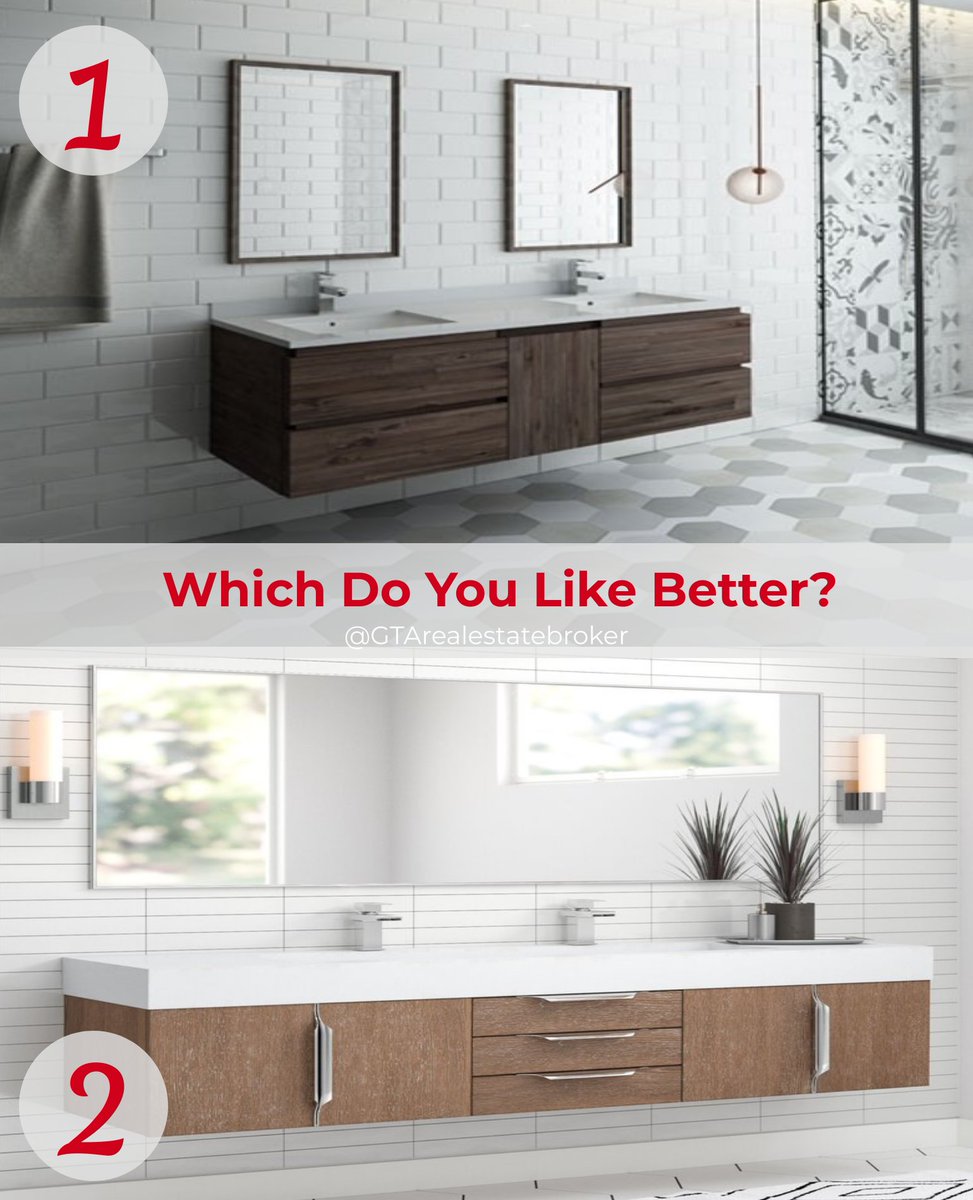 Which #modern #bathroomdesign do you prefer? #1vs2 #interiordesign #doublesink #modernbath #moderndesign #gtarealestatebroker