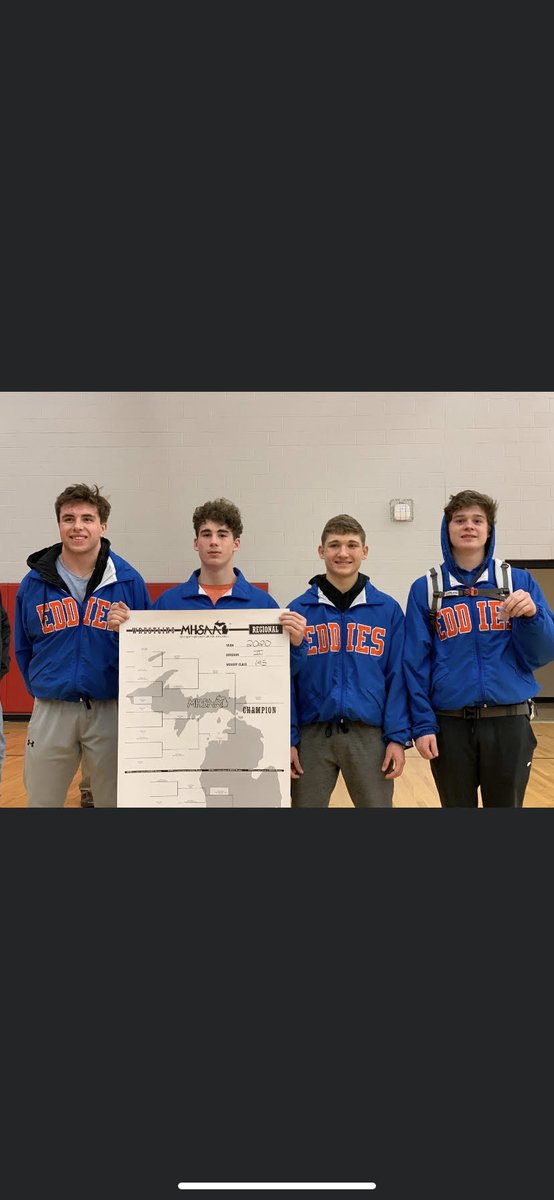 Good luck to our MHSAA state wrestling qualifiers Dillon Hursh, Jacob Reece, Jackson Hoover &amp; Caden Reece as the compete today &amp; tomorrow at Ford Field!  #proudtobeanEddie