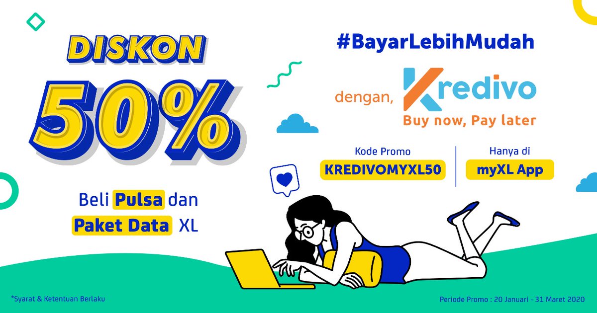 myxl_store's tweet photo. Buka @myXL App https://t.co/Nf8ox1uyll, kamu bisa beli Pulsa & Paket Data XL pakai Diskon 50% #BayarLebihMudah dari @kredivo untuk transaksi pertama kali hingga 31 Maret 2020! (Kode Promo: KREDIVOMYXL50)
#myXL #myXL_Store #Diskon #Kredivo #PromoXL #Pulsa #PaketData #Promo #Sale https://t.co/lR3LYdZiBe