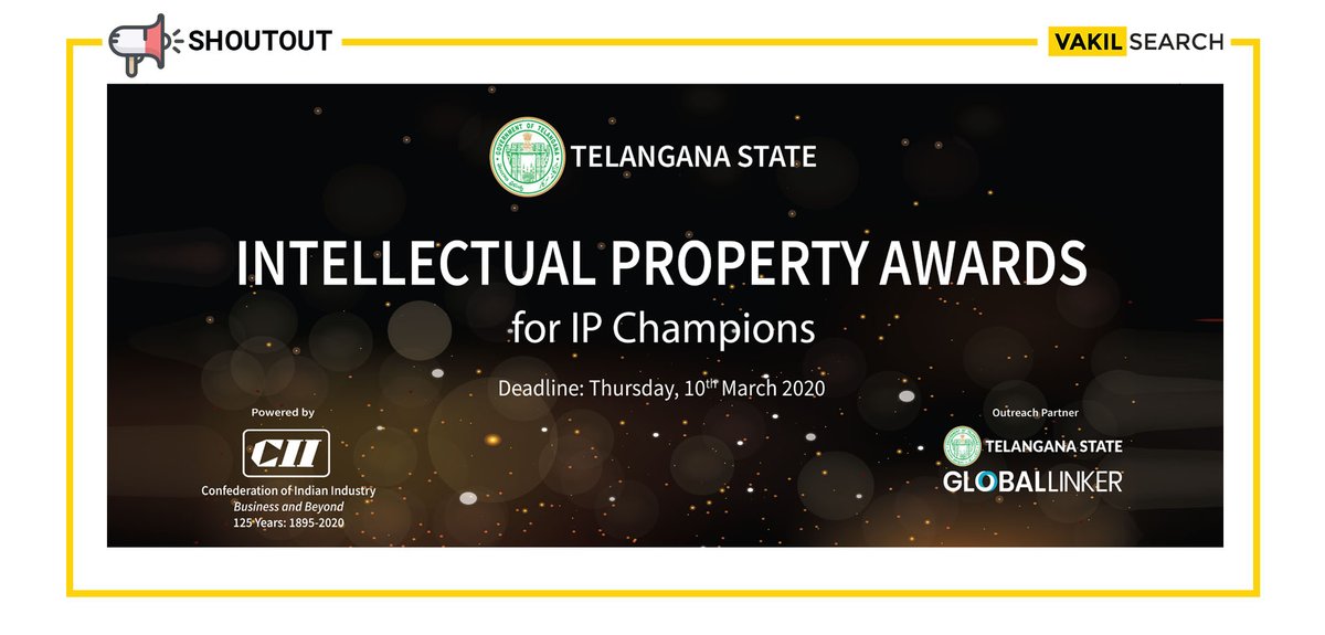 Letsvakilsearch's tweet photo. #Vakilsearch is delighted to announce that our partner, #Globallinker in association with the Government of Telangana and Confederation of Indian Industry is inviting applications for the #IntellectualPropertyAwards 2020.
To message the team, visit https://t.co/yOmZAwII80 https://t.co/FUbrCqul9V