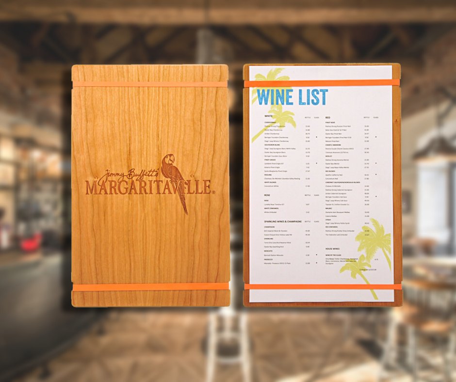 ImpactCovers's tweet photo. Freshen up your menus with a chic clipboard style "rubber band board."   These Margaritaville clipboards are laser engraved and made from genuine cherry veneer harvested from verified sustainable forests making them stylish and eco-friendly. https://t.co/Uo6gEdpzGM #ImpactMenus https://t.co/H2V2YzCZtu