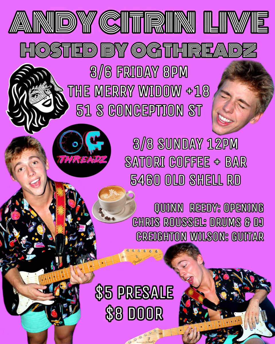 OGTHREADZ's tweet photo. ANDY CITRIN LIVE SHOWS &amp; POP UP 
TONIGHT 3/6 @TheMerryWidowAL 
SUNDAY 3/8 @SatoriCoffee &amp; Bar ☕️
$5 PRESALE 🎟 $8 Door. Come Enjoy!
Live Music + VTG Clothing + Jewelry 
DONT WANNA MISS IT ⚠️ DM 4 TIX https://t.co/zlDH5huxhs