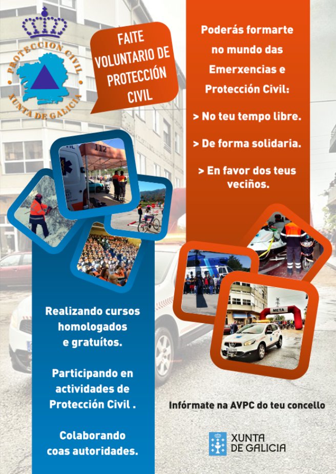 📰CAMPAÑA DE PROMOCIÓN DO VOLUNTARIADO DE PROTECCIÓN CIVIL.
Queres facerte voluntario e formar parte de Protección Civil?
Adicar o teu tempo libre de forma solidaria facendo un servizo a sociedade e o teu concello, esta é a túa oportunidade.