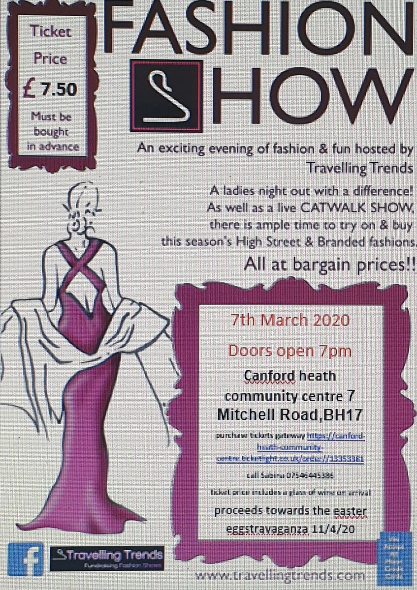 The Community Centre are hosting the ever popular 'Travelling Trends' Fashion show tomorrow (Saturday 7th March 2020). Tickets priced at £7.50 must be bought in advance for what promises to be a stylish night out! #ARCH #CanfordHeath