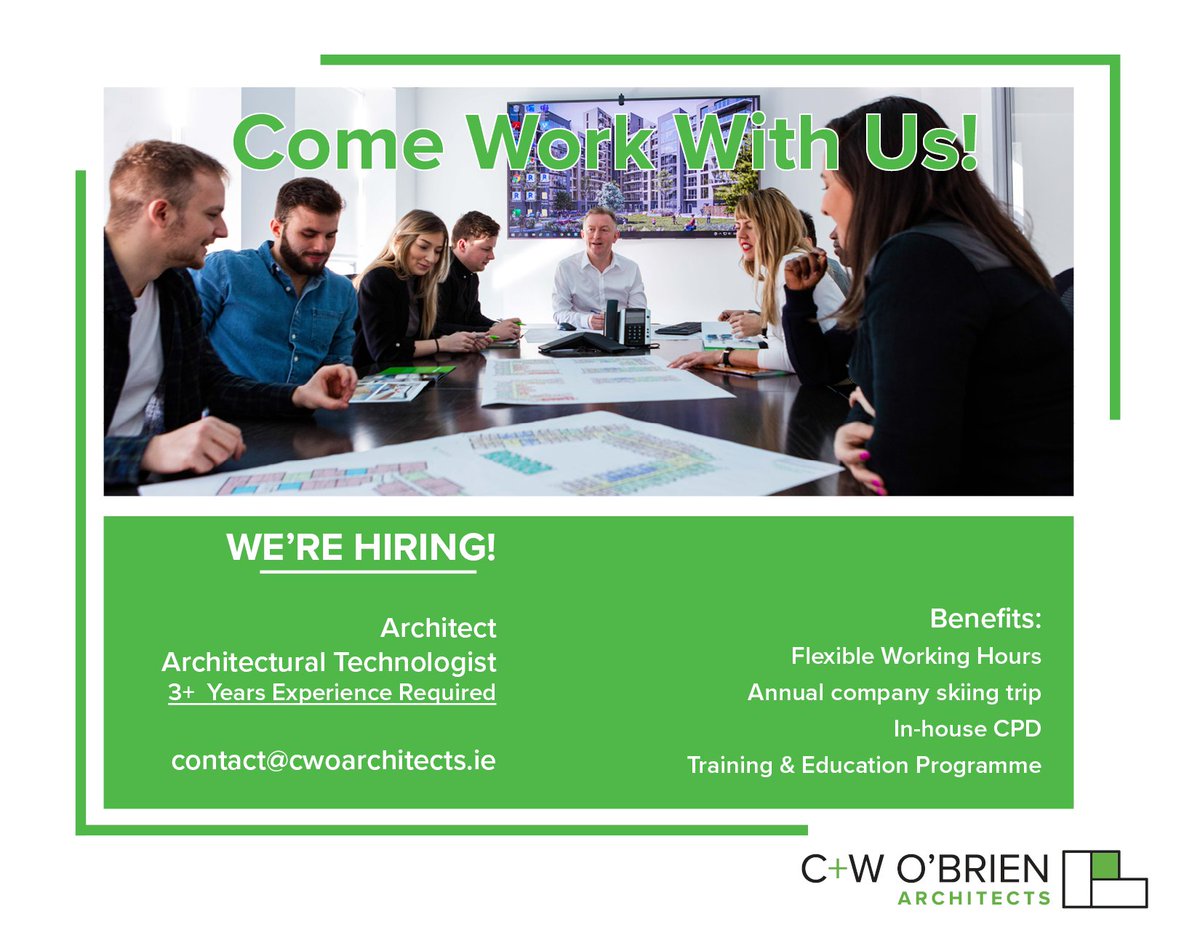 We're hiring for Architects &amp; Architectural Technologists for our Dublin office. 3+ years experienced required. If interested please send your CV to contact@cwoarchitects.ie.

#jobfairy