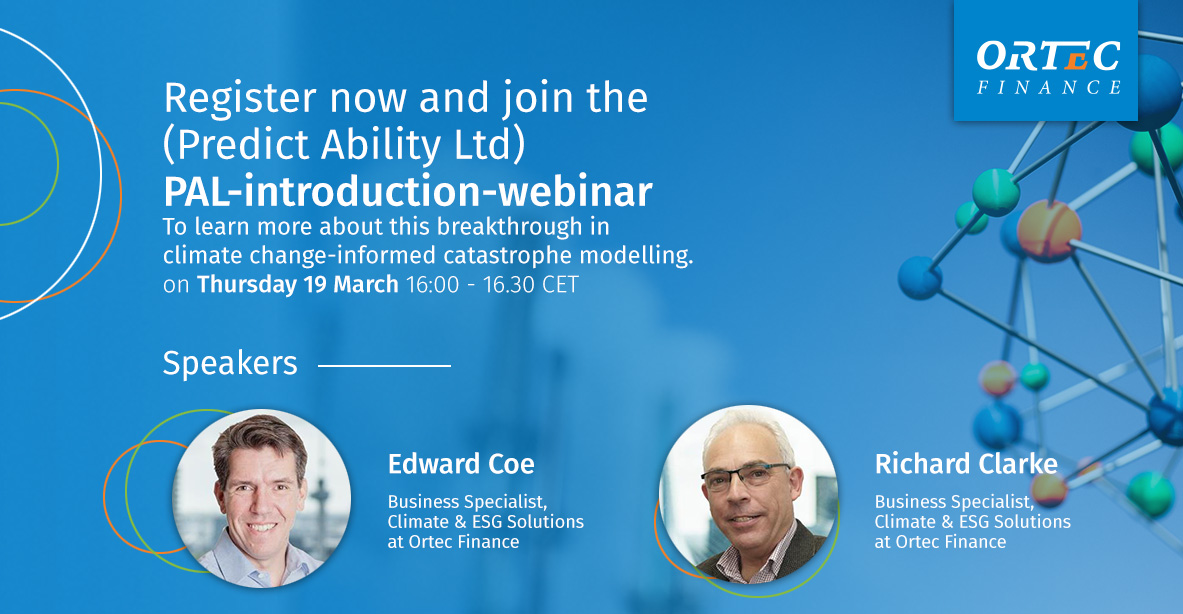 OrtecFinance's tweet image. Join Edward Coe & Richard H. Clarke for the webinar regarding the onboarding of Predict Ability Ltd (PAL) to the Ortec Finance family on 19 March, 16.00 – 16.30CET. Register here and find out more about the agenda 👉 lnkd.in/d6x8kKw
#Climate #ESG #Webinar