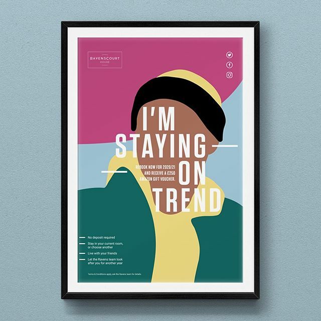 RedcowCreative's tweet photo. Poster for our re-booking campaign for student accommodation @ravenscourt_house. These bold illustrated posters have youthful and dynamic colour combinations, reflective of the diversity and energy of their student residents and are accompanied by modern condensed headline t… https://t.co/f0cQ9ZVQ7j