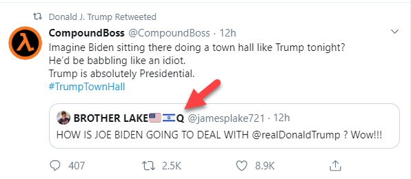 Trump not long after midnight last night (again according to the Trump Twitter Archive) retweeted an account quote tweeting a QAnon account whose display name literally has "Q" in it.