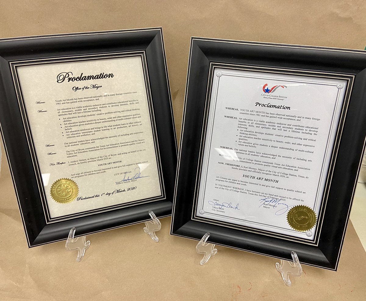 TexasYam's tweet photo. Youth Art Month Mayoral Proclamations from Bryan and College Station! #txYAM20 @Youthartmonth @TXarted #SuccessCSISD #cgCATS https://t.co/90Wpez62Z4