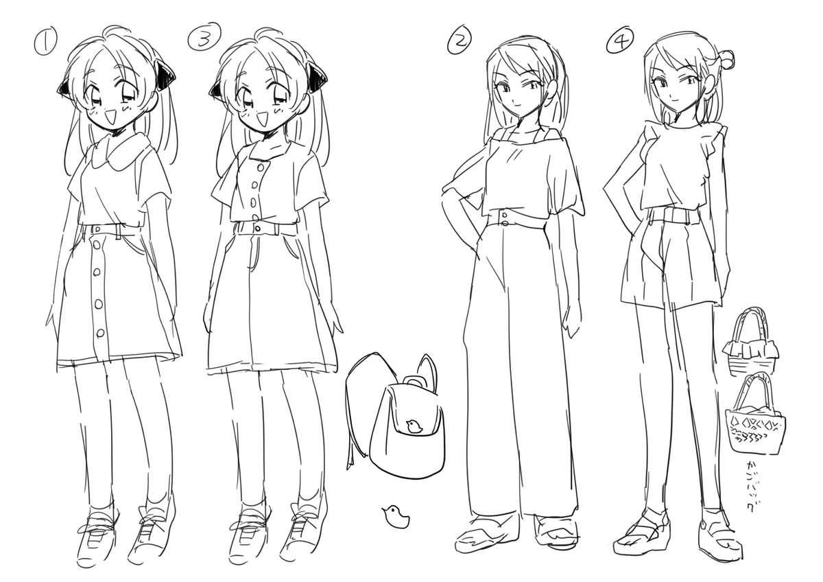 23話服装設定画。数字がおかしいのは他にも案があったけどカットしたからです。二日間の旅行で女子はガラッと服装を変えるけど、男子はシャツを替える程度、みたいなイメージで考えました。設定画から原稿でもちょこちょこ変更あります。私服回は本当に大変で苦労します。