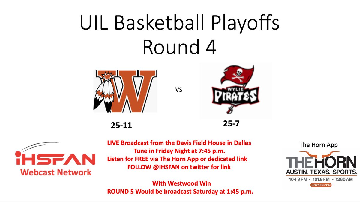 HUGE PLAYOFF GAME TONIGHT on The IHSFAN Webcast Network. Listen on Via The Horn app OR click this link at 7:45 p.m. meridix.com/live.php?livei… <a href="/WWarriorNation/">Westwood High School</a> <a href="/WWHSWarrior/">Westwood Warriors Football</a> <a href="/WW_TheTribe/">The Tribe</a> <a href="/WHSstudentpress/">Westwood Student Press</a> <a href="/Westwoodhoop/">Westwood Basketball</a> <a href="/AthleticsRRISD/">RRISD - Athletics</a> <a href="/WylieISD/">Wylie ISD</a> <a href="/WyliePirates/">Wylie Pirate Sports</a> @TheHornATX