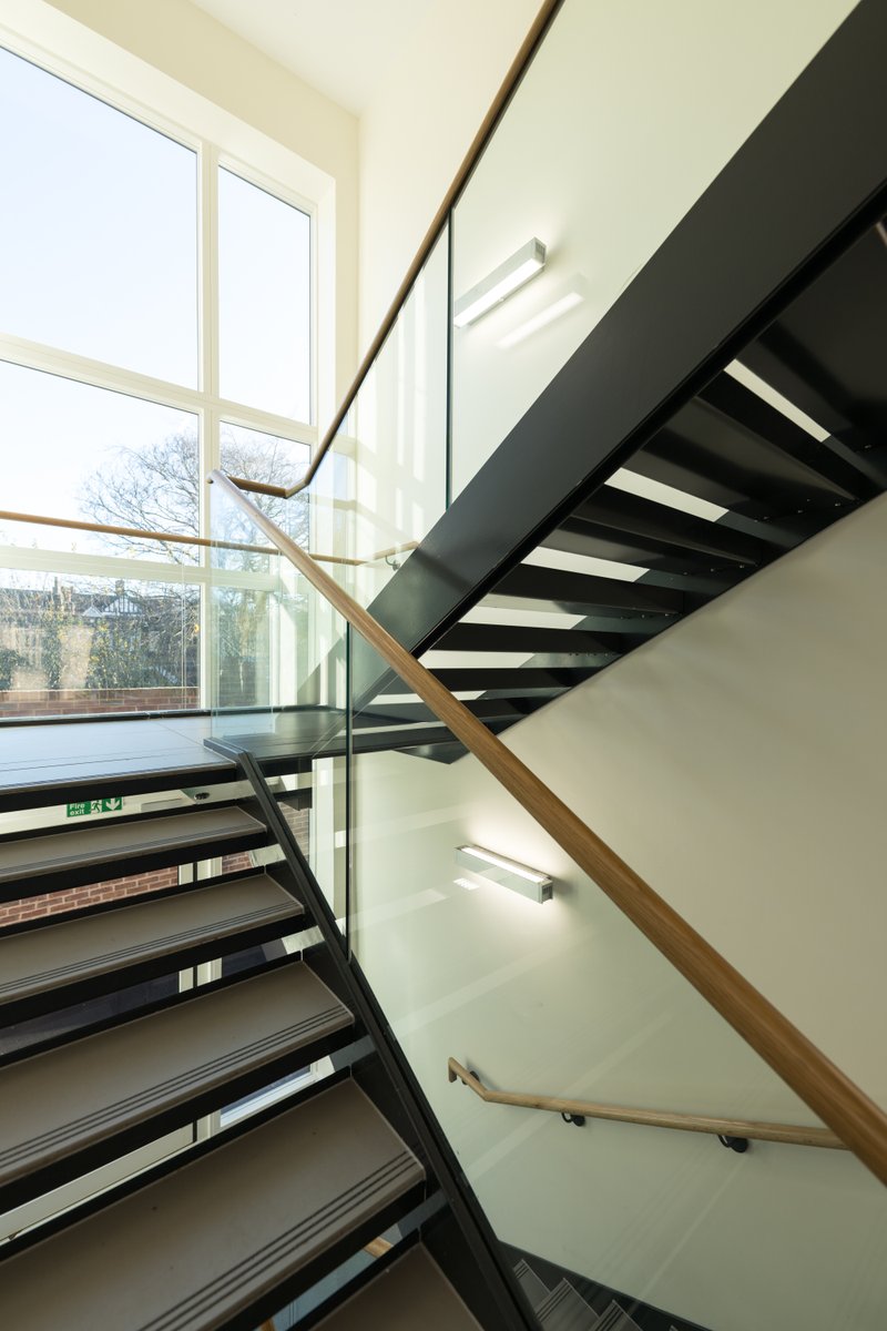 HarmerFitz's tweet photo. Pascal Building staircase, light and airy, steel staircase, oak handrail, tiled tread finish from Pete @BedrockTiles @stpetersyork #york #architecture #interiors @timcornbill @F_Parkinson_Ltd ....................................................... #RIBA #architecture #design https://t.co/ActzdJc9oZ