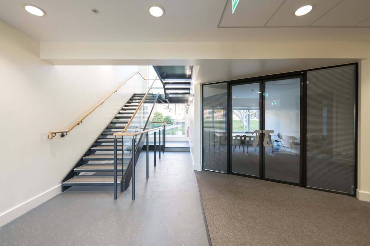 HarmerFitz's tweet photo. Pascal Building staircase, light and airy, steel staircase, oak handrail, tiled tread finish from Pete @BedrockTiles @stpetersyork #york #architecture #interiors @timcornbill @F_Parkinson_Ltd ....................................................... #RIBA #architecture #design https://t.co/ActzdJc9oZ