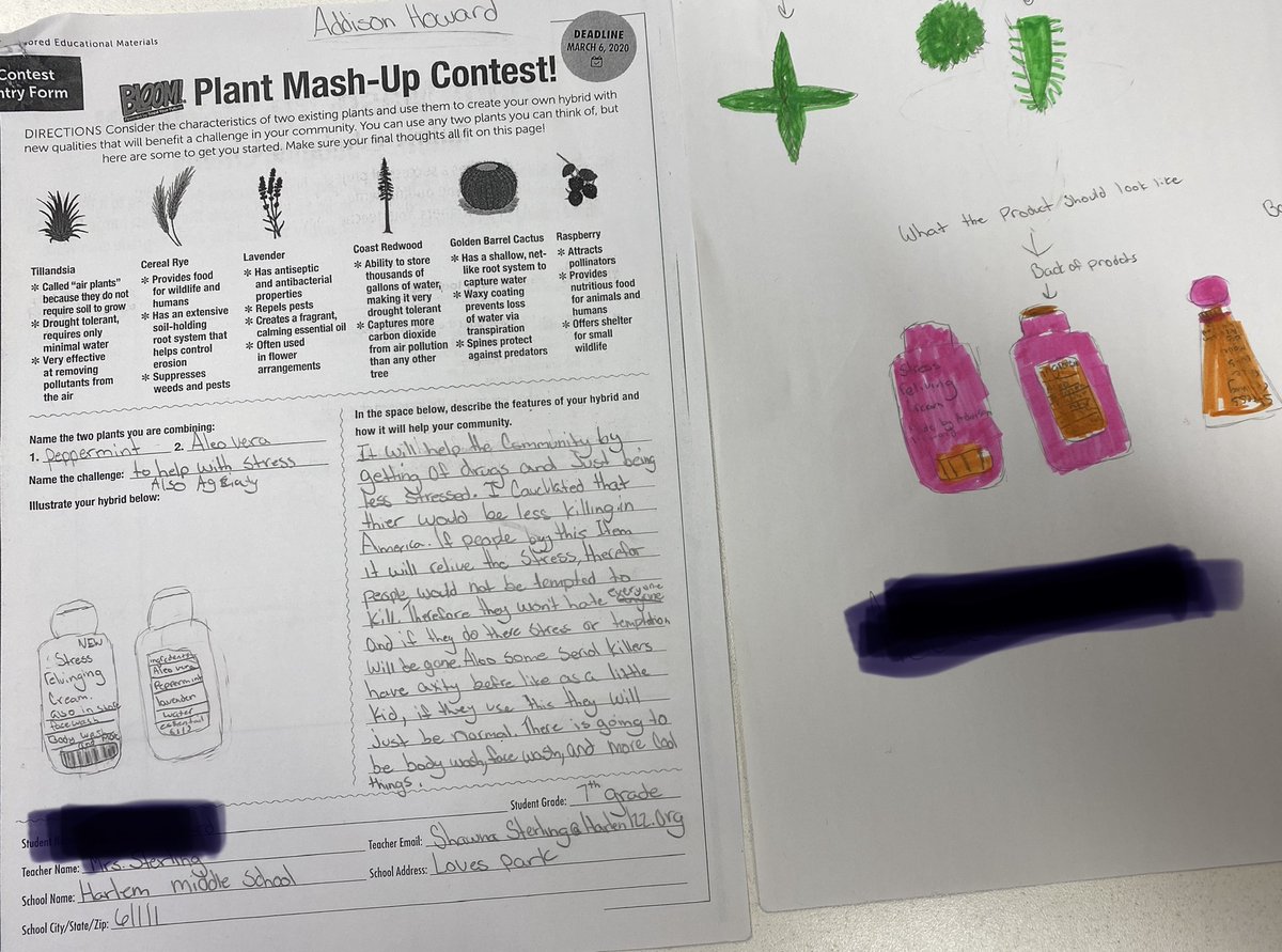 HMS_Team73's tweet photo. Four of our students entered the @Scholastic Plant Mash-up Contest. Students mashed Elderberry and Echinacea, Tillandsia and lavendar, Gold Barrel and Raspberry, and Peppermint and Aloe creating hybrid plants with beneficial properties. @HarlemMS @HSD122 https://t.co/H1vzEMnsf4