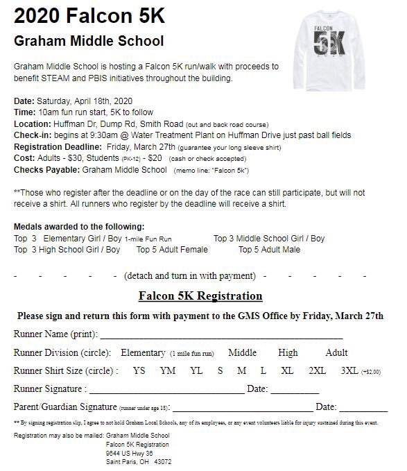 GrahamMidSchool's tweet photo. The GMS Falcon 5K run/walk will take place on April 18th this year. Now including a 1-mile Emelemtsry Fun Run. Award divisions for ES, MS, HS, and adult divisions. Shirt design and print by @GHS_Falcons student @Aislen_Setty . #GMSpride https://t.co/t4YYLIZlgx
