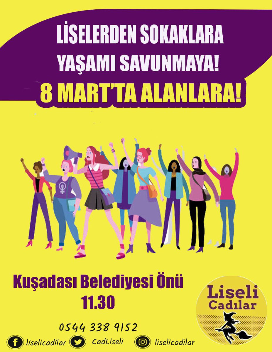 Kuşadası Liseli Cadılar tüm liseli kızkardeşlerini 8 Mart'a çağırıyor📣

Liselerden sokaklara yaşamı savunmaya! 
Haydi kızkardeşim, 8 Mart'ta Liseli Cadılar pankartının etrafında buluşalım 💜