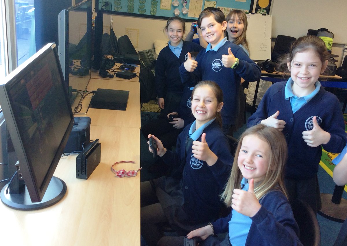 PirehillFirst's tweet photo. Yr 4 have spent the morning gaming! @coreedultd are running a "History of Gaming" workshop to finish off our Aspirations Week, as the pics show the children have loved it.  They've also loved the fact that staff have given their ages away, by saying what they played as a child! https://t.co/pMhtOVDy0f