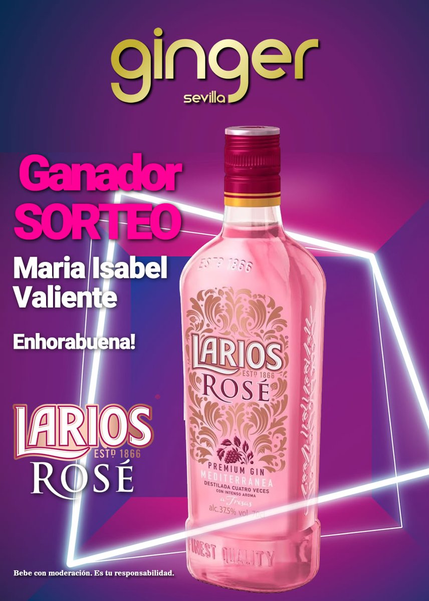 Queremos dar la enhorabuena a Maria Isabel Valiente por ser nuestra ganadora del sorteo de Reservado + Botella de Larios Rosé.

Contacta con nosotros por privado para más información. 

Muchas gracias a todos los participantes! 

#GingerSevilla