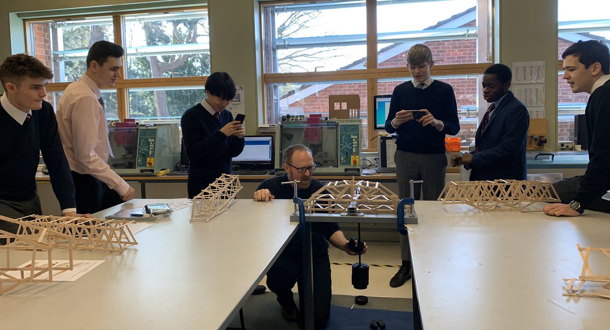 Lower Sixth Engineers spent this morning testing their lollipop stick bridges to breaking point. They had 100 sticks and had to span a 50cm gap. The best bridge took a static load of 40kg before breaking! #Engineering