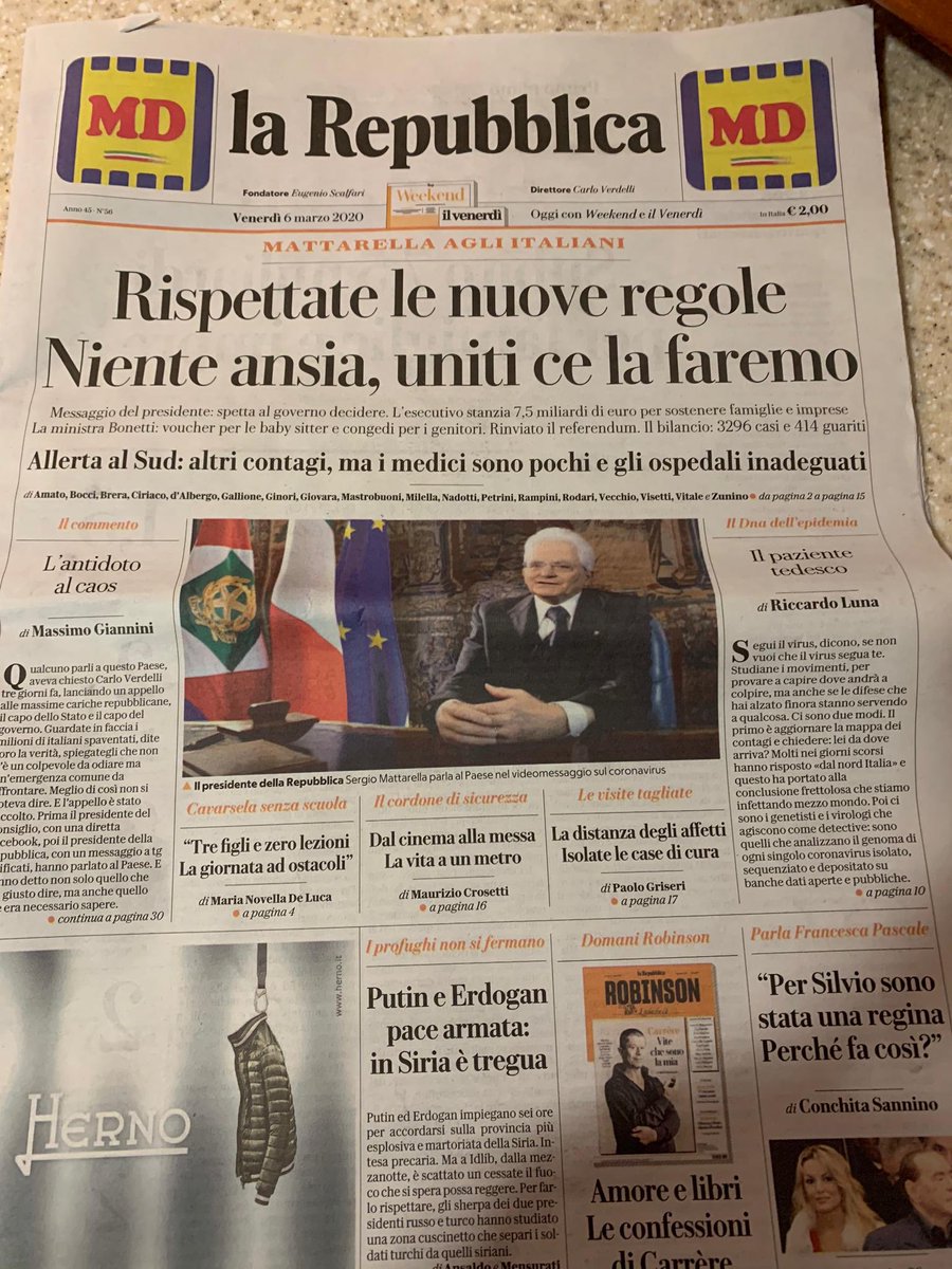 Il governo 🇮🇹  ha adottato misure straordinarie per il contenimento dell’epidemia #COVID19 e per mitigarne l’impatto sociale ed economico. Ringrazio il Presidente Mattarella per il suo appello alla nazione ieri. L’🇮🇹 sta reagendo energicamente. L’OMS è con voi.