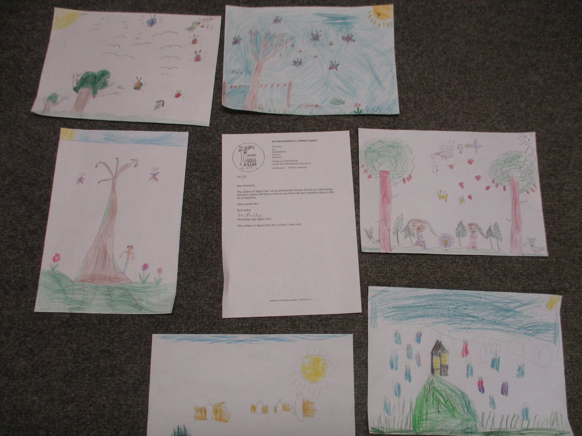 leagarsdon's tweet photo. Apple class wanted to spread some happiness so they drew some beautiful pictures for the residents of Hill House Nursing Home. Today they called the school and said the residents were thrilled to receive the lovely artwork. Well done Apple class for spreading happiness!#Happiness https://t.co/CtH9fwPVmA