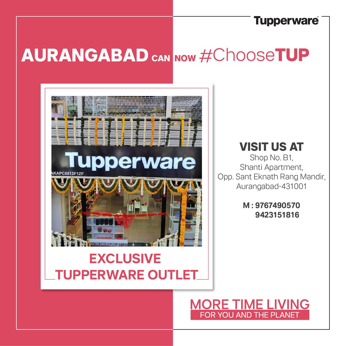 TupperwareIN's tweet photo. Zingaat! Aurangabad here's one way to spend #MoreTimeCaring for your loved ones. Make your way to the TUPPERWARE EXCLUSIVE OUTLET to choose from a range of premium homeware solutions that are sustainable and good for you, your family and the planet! #MoreTimeLiving #ChooseTUP https://t.co/NFxEncaAWK