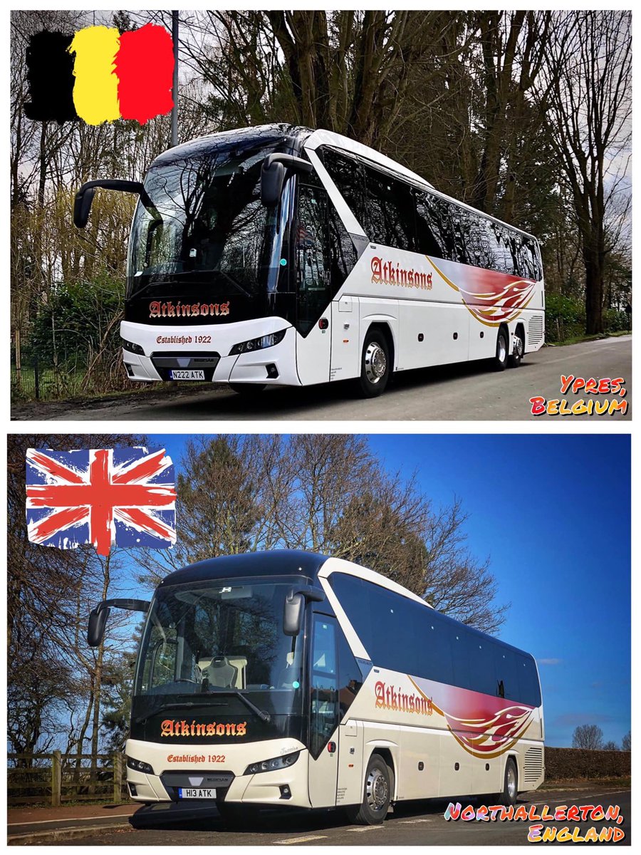 AtkinsonCoaches's tweet photo. Two of our shiny brand new coaches are out hard at work today, one local - and one not so local!

Our 61-seater is on a WW1 Battlefield tour around the Ypres area, and our 57-seater is operating contract runs around Northallerton. https://t.co/HvTH9j5zsX