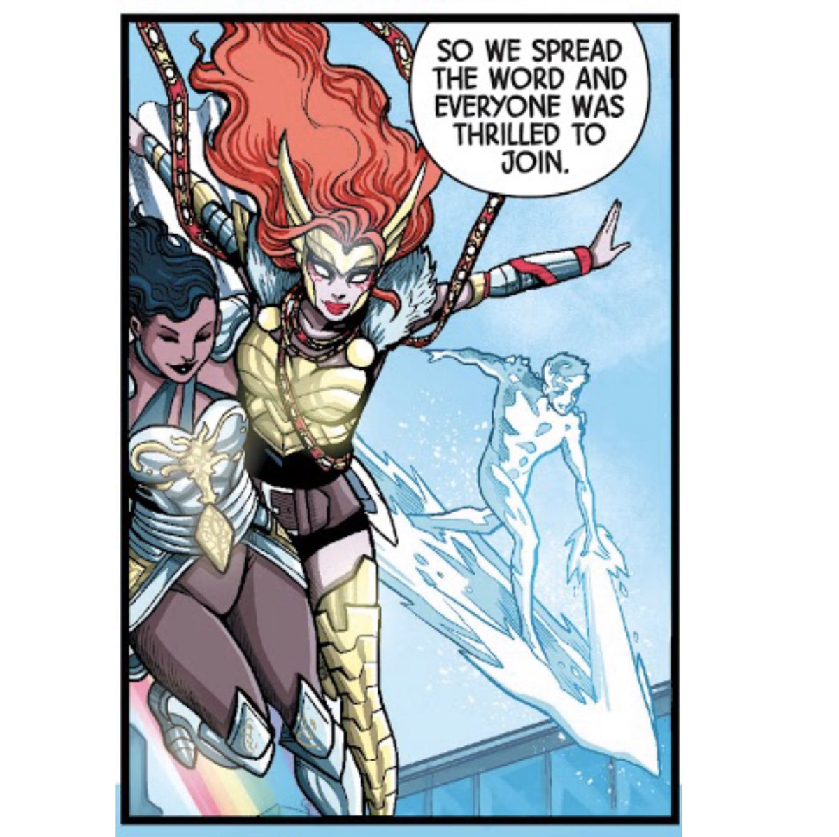 Connecting with previous panel, Sera, the only trans female hero in the Marvel Universe that we know of, had to come visit her love Angela even if she has duties across the galaxy.