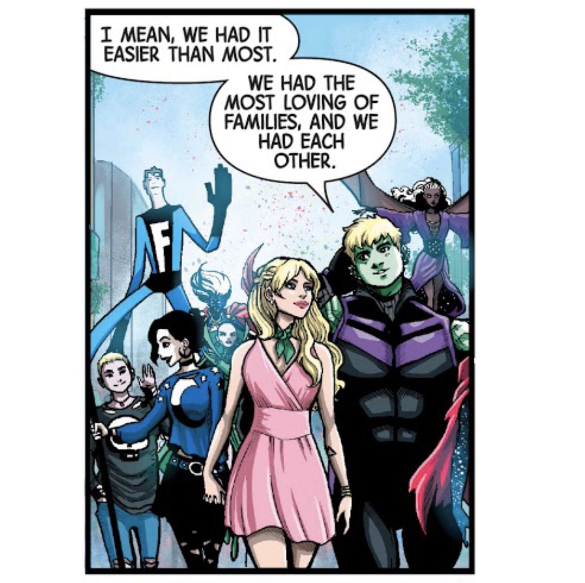 Hulkling is having a similar conversation with Karolina and Nico. The Young Avengers and the Runaways have crossed paths many times and these two couples of alien heirs and magic users have a lot in common.