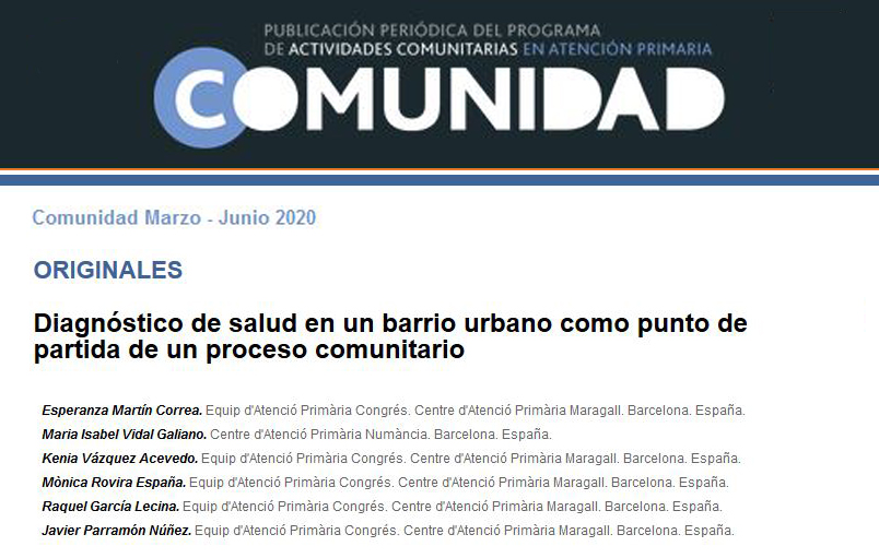 La revista <a href="/comunidadsemFYC/">Revista Comunidad</a> publica un article on es detalla l'elaboració del diagnòstic de salut en un barri urbà com a punt de partida d'un procés comunitari, elaborat per professionals de l'equip Congrés del #CAPMaragall #SalutComunitària @parramon_xvr 
comunidadsemfyc.es/diagnostico-de…
