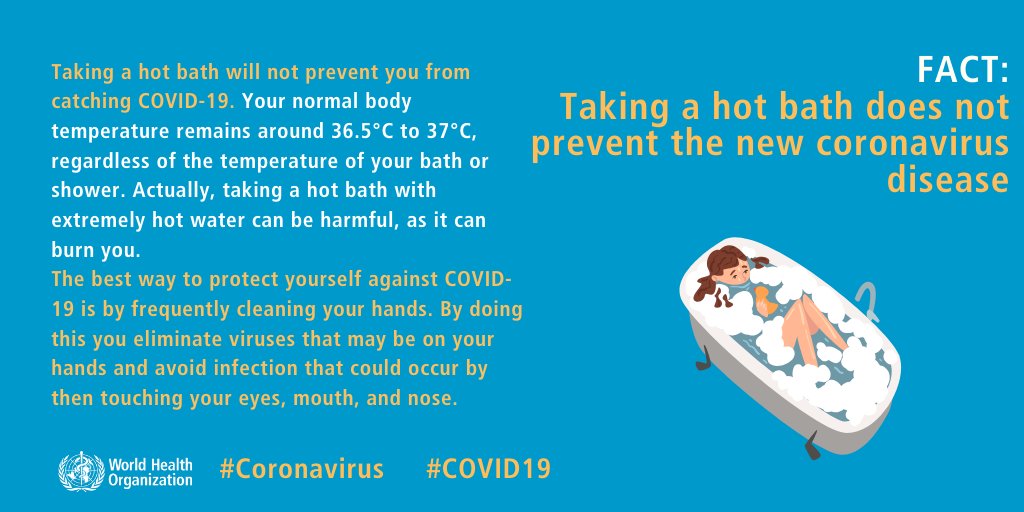 FACT: Taking a hot bath does not prevent the new #coronavirus disease
Taking a hot bath with extremely hot water can be harmful as it can burn you.

👉🏽bit.ly/COVID19Mythbus… 

#COVID19 #KnowtheFacts