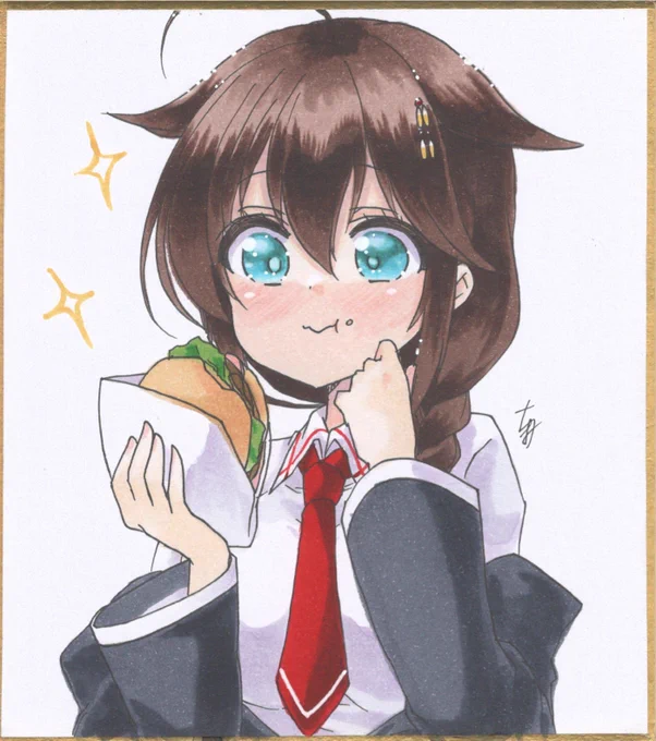 (もぐ…)
『んんぅ✨』

#白露型深夜の真剣創作60分一本勝負
#艦これ版真剣お絵描き60分一本勝負 
#時雨
#佐世保 
髪飾り小さくなっちゃった_(:3」∠)_ 